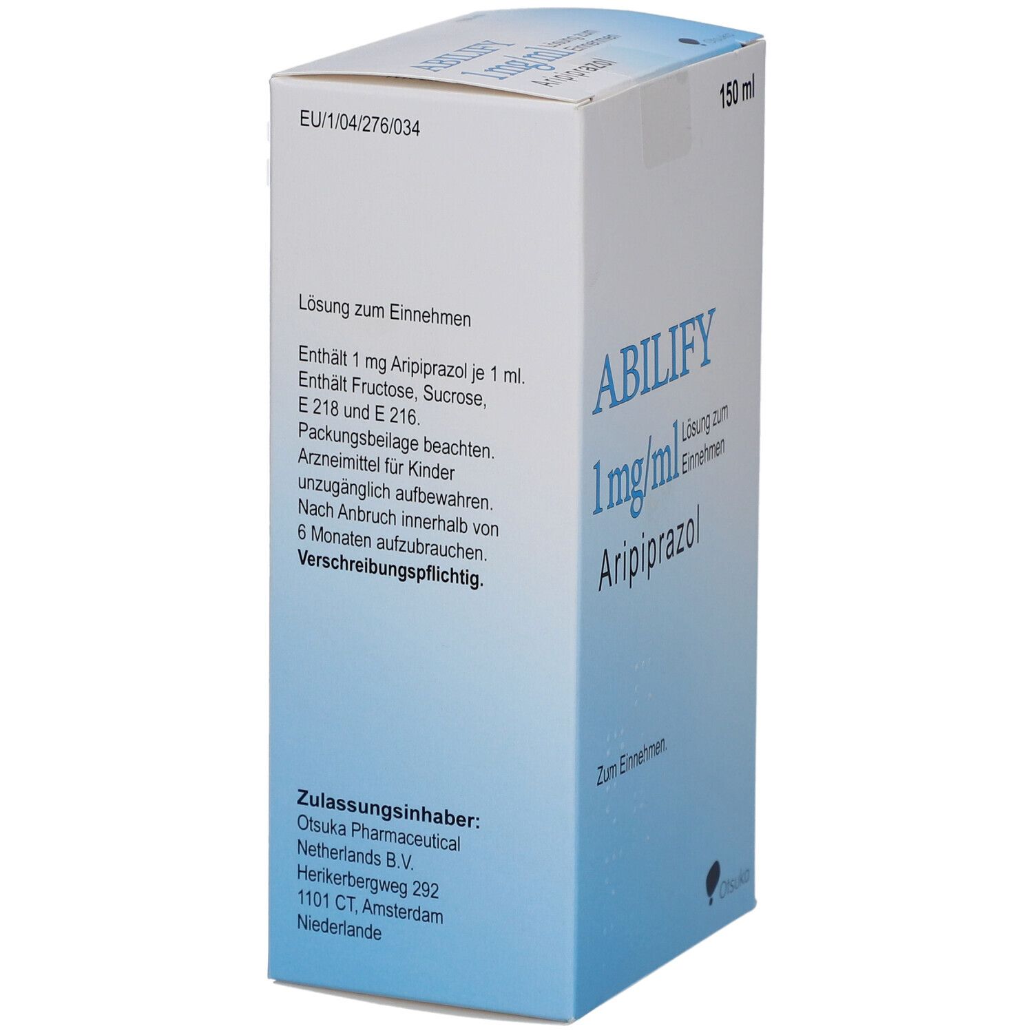 Rückseite der ABILIFY-Verpackung. Enthält Informationen zur Anwendung und Inhaltsstoffe. 150 ml.