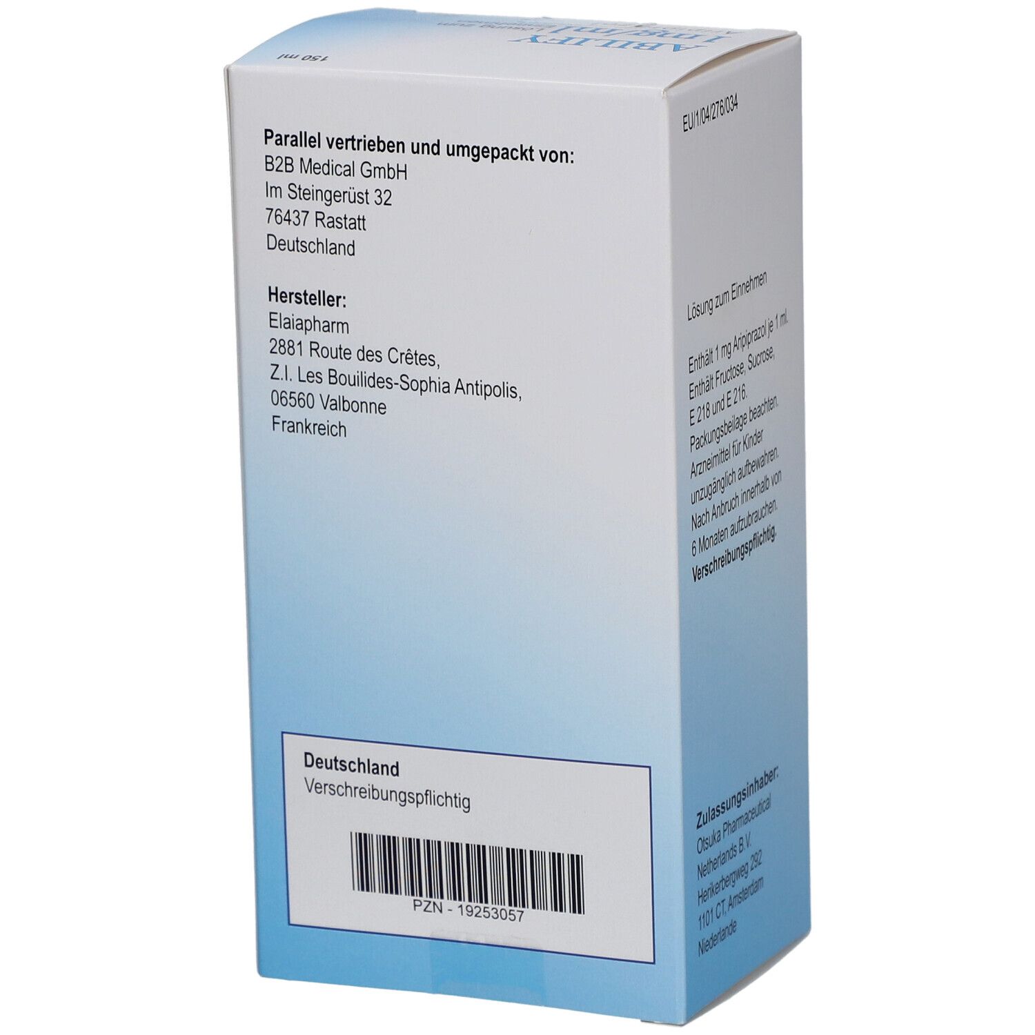 Rückseite der ABILIFY-Verpackung. Enthält Informationen zum Hersteller und Vertrieb.