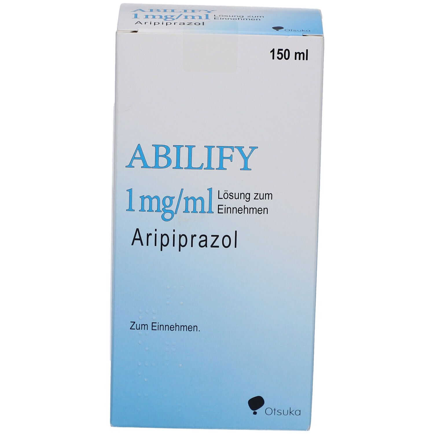 Schachtel ABILIFY 1 mg/ml Lösung zum Einnehmen. Blaue Schrift auf weißem Grund. 150 ml.