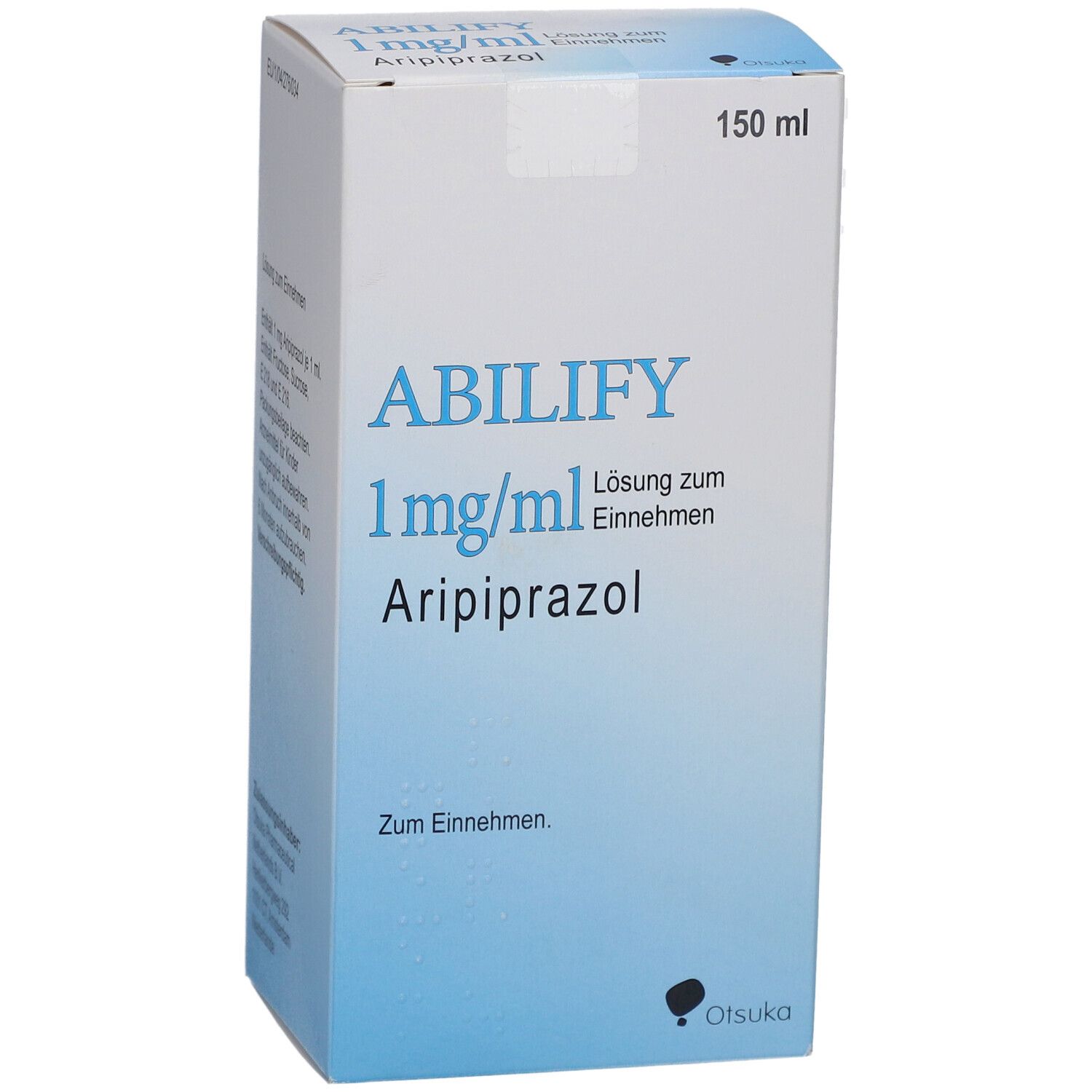 Schachtel ABILIFY 1 mg/ml Lösung zum Einnehmen. Blaue Schrift auf weißem Grund. 150 ml.
