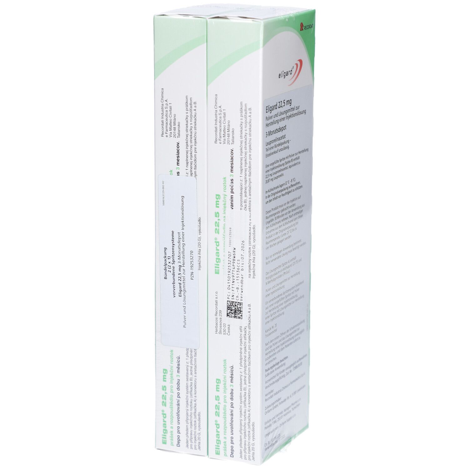 Mehrere ELIGARD 22,5 mg Verpackungen. Weiße Kartons mit grünen Akzenten. Text: ELIGARD, 22,5 mg. Seitenansicht der Verpackungen.
