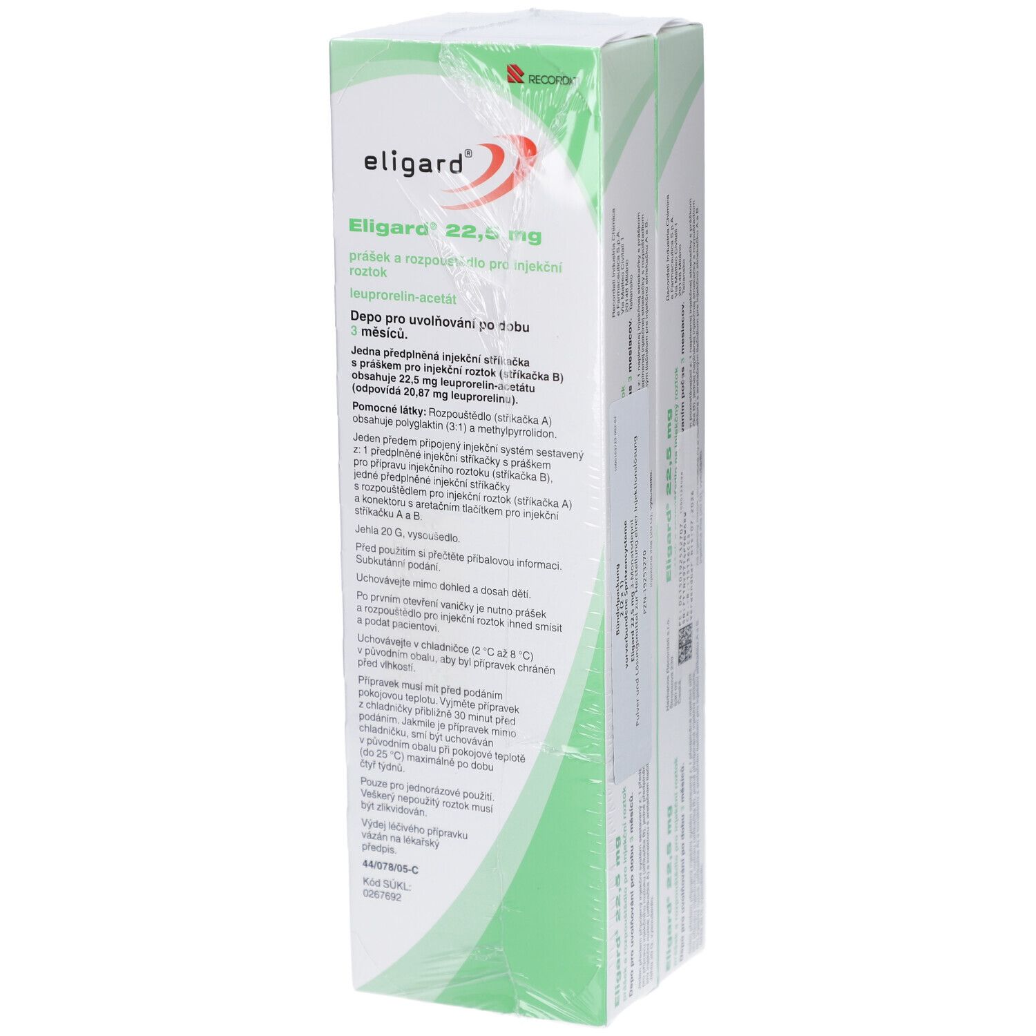 Verpackung von ELIGARD 22,5 mg. Weißer Karton mit grünen Akzenten. Text: ELIGARD, 22,5 mg, Pulver und Lösungsmittel. 3-Monatsdepot.