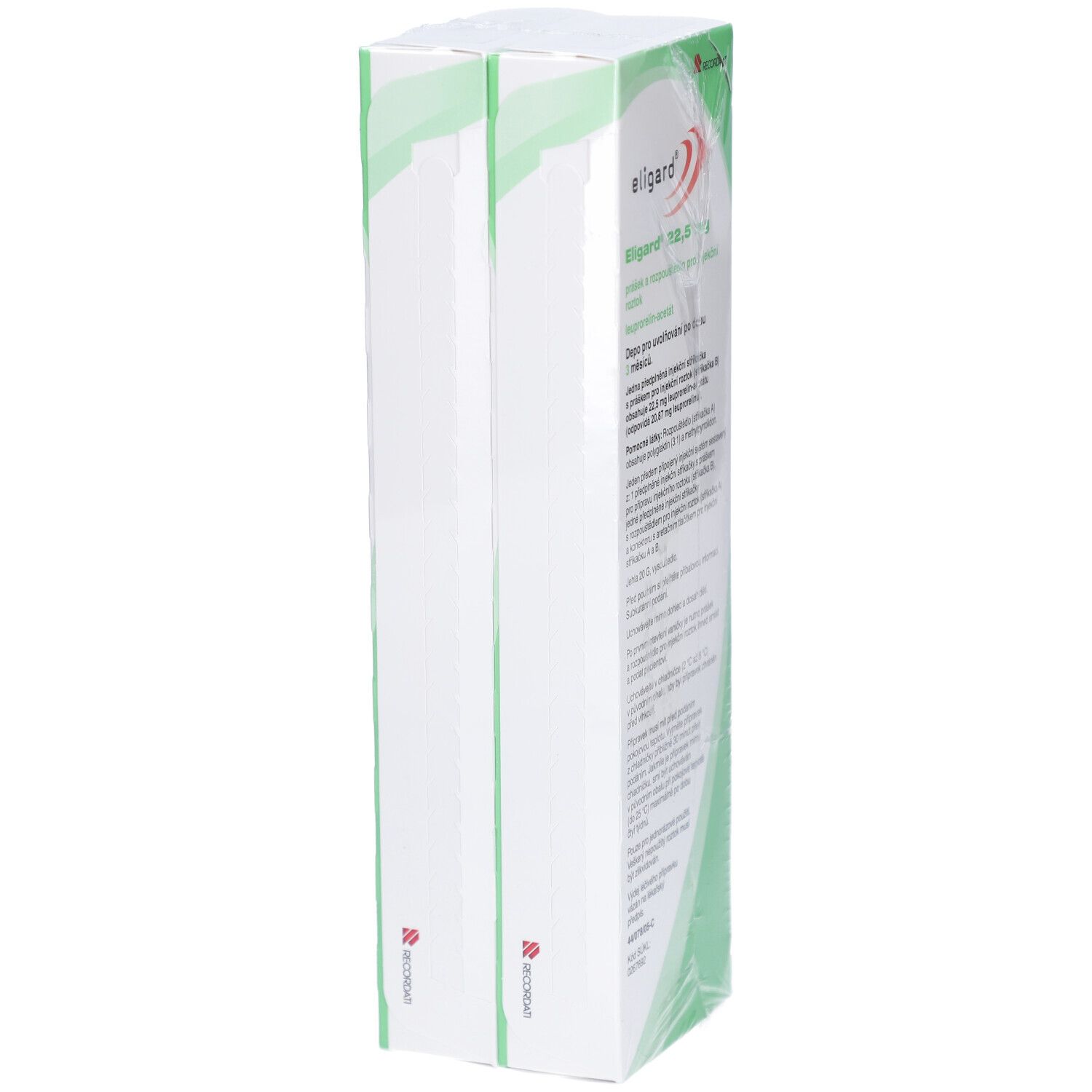 Mehrere ELIGARD 22,5 mg Verpackungen. Weiße Kartons mit grünen Akzenten. Seitenansicht der Verpackungen.