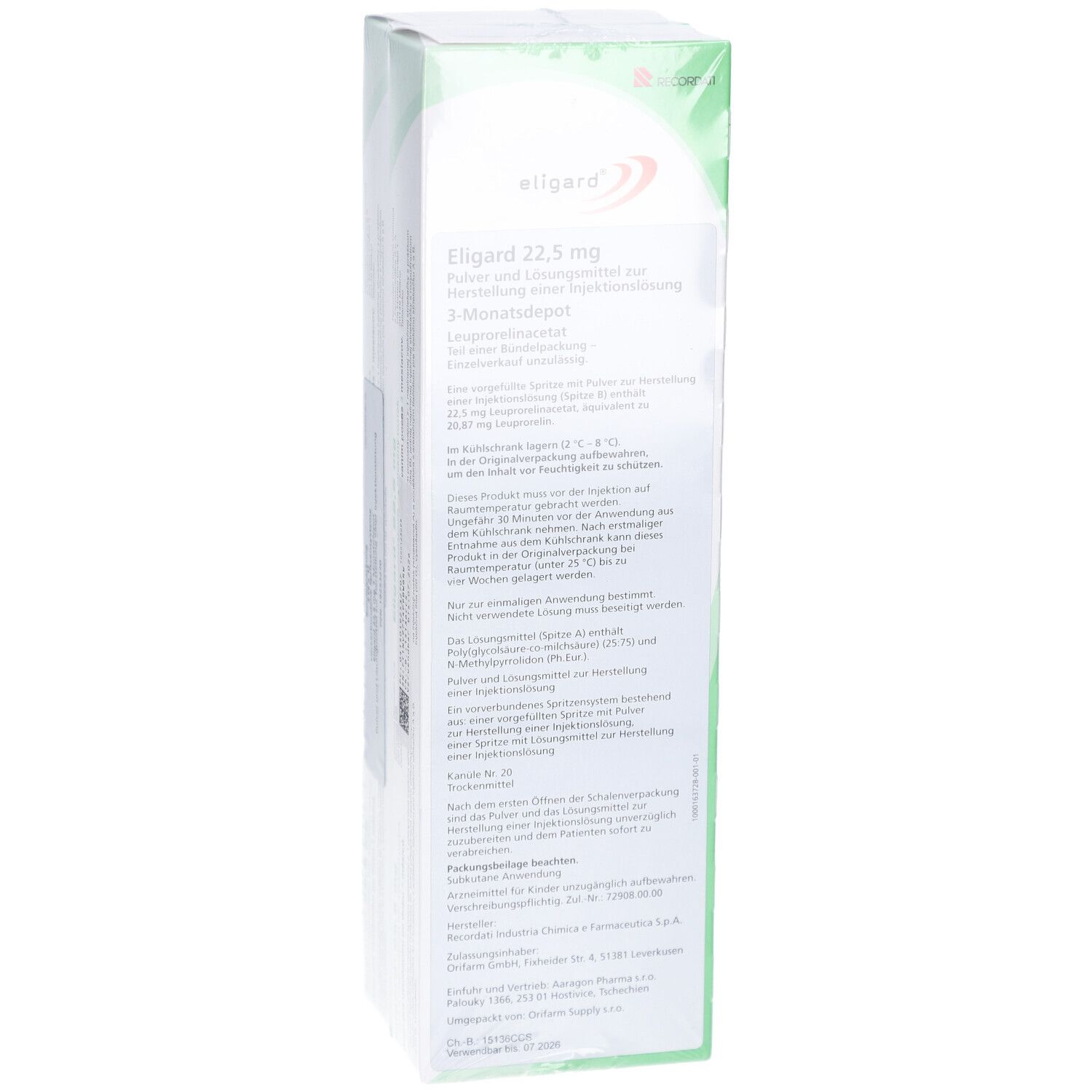 ELIGARD 22,5 mg Verpackung. Weißer Karton mit grünen Akzenten. Text: ELIGARD, 22,5 mg, 3-Monatsdepot. Herstellerlogo.