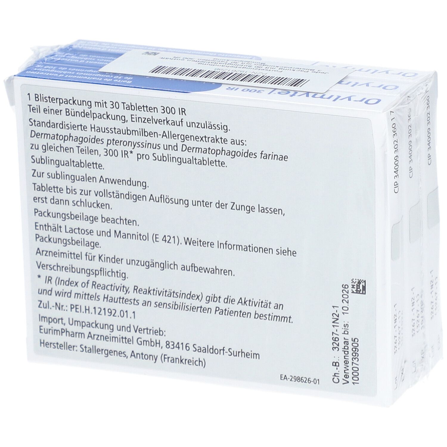 Rückseite der Orylmyte 300 IR Packung. Informationen zu Inhaltsstoffen, Anwendung und Hersteller. Für Jugendliche und Erwachsene.