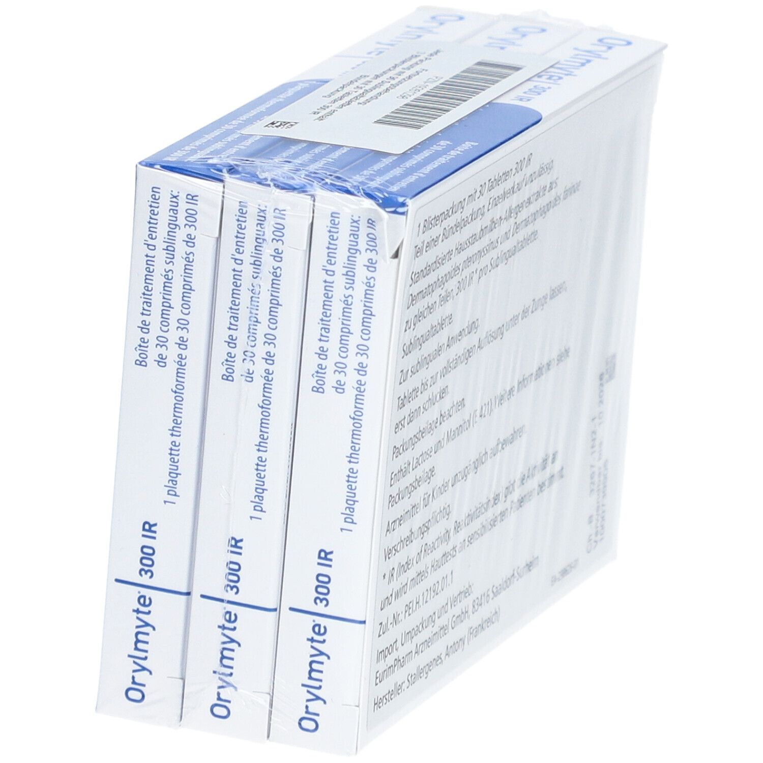 Drei Packungen Orylmyte 300 IR Sublingualtabletten. Einzelverpackung mit Informationen. Für Jugendliche und Erwachsene.