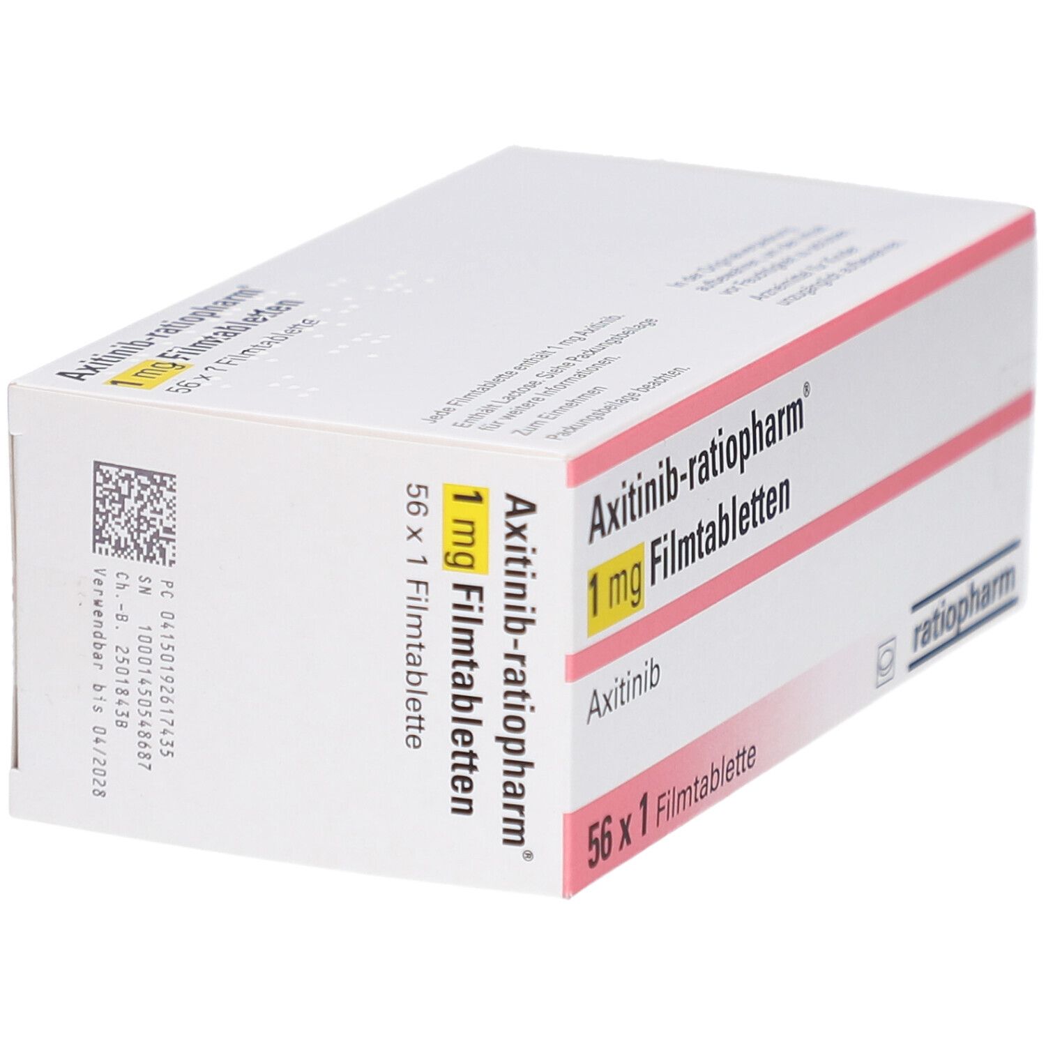 Schachtel mit AXITINIB-ratiopharm 1 mg Filmtabletten. Aufschrift: 56 x 1 Filmtablette. Logo ratiopharm. Barcode.