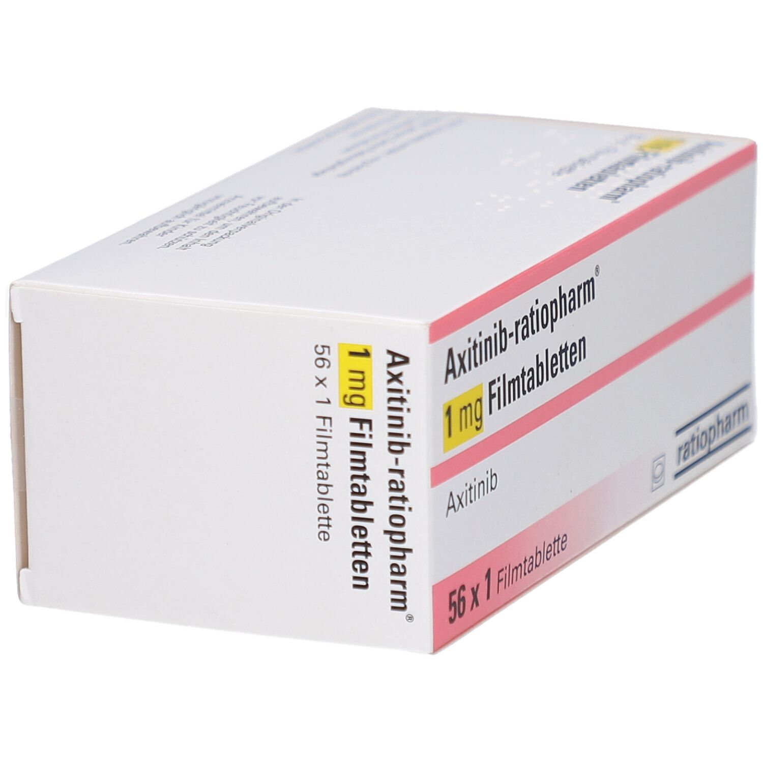 Schachtel mit AXITINIB-ratiopharm 1 mg Filmtabletten. Aufschrift: 56 x 1 Filmtablette. Logo ratiopharm.