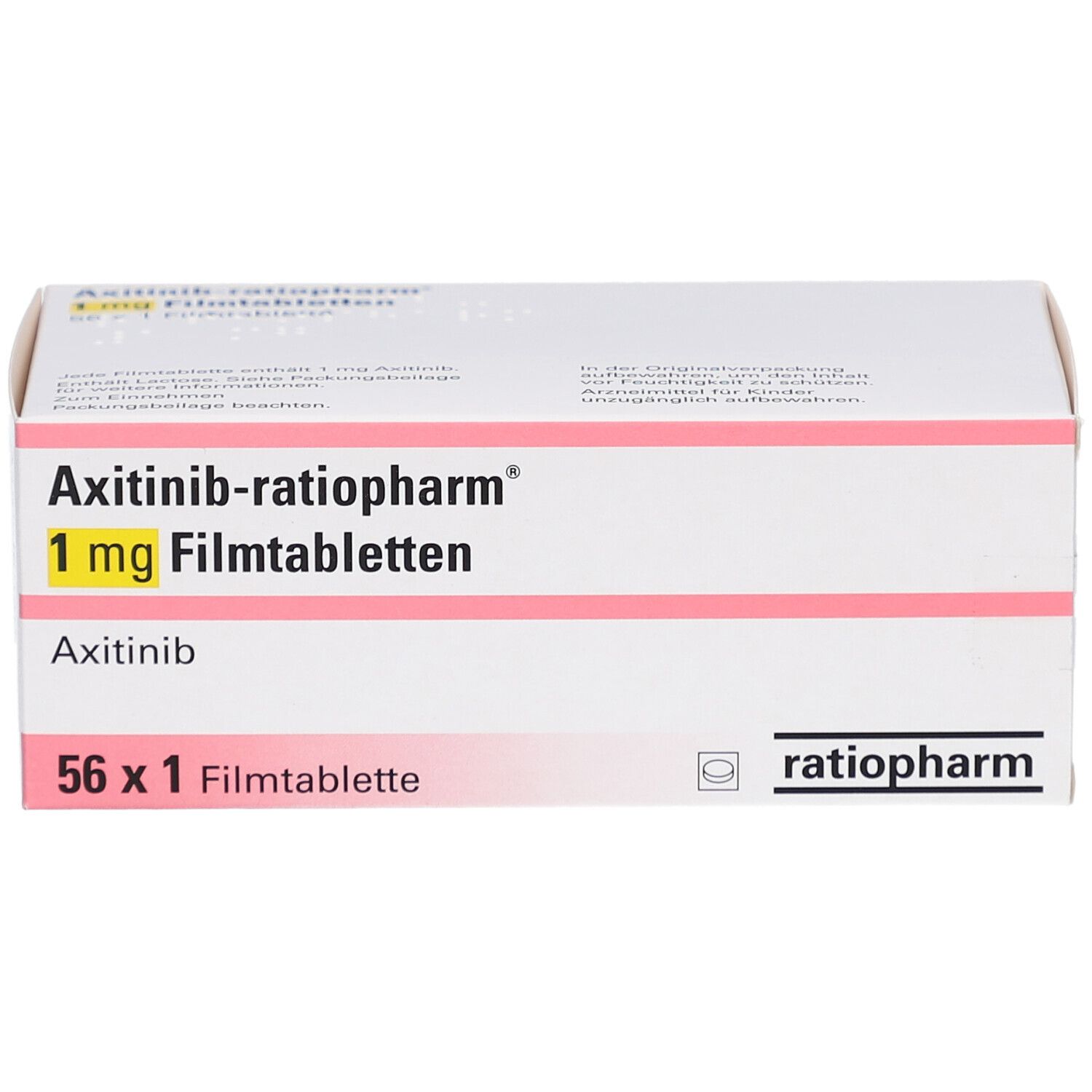 Schachtel mit AXITINIB-ratiopharm 1 mg Filmtabletten. Aufschrift: 56 x 1 Filmtablette. Logo ratiopharm.