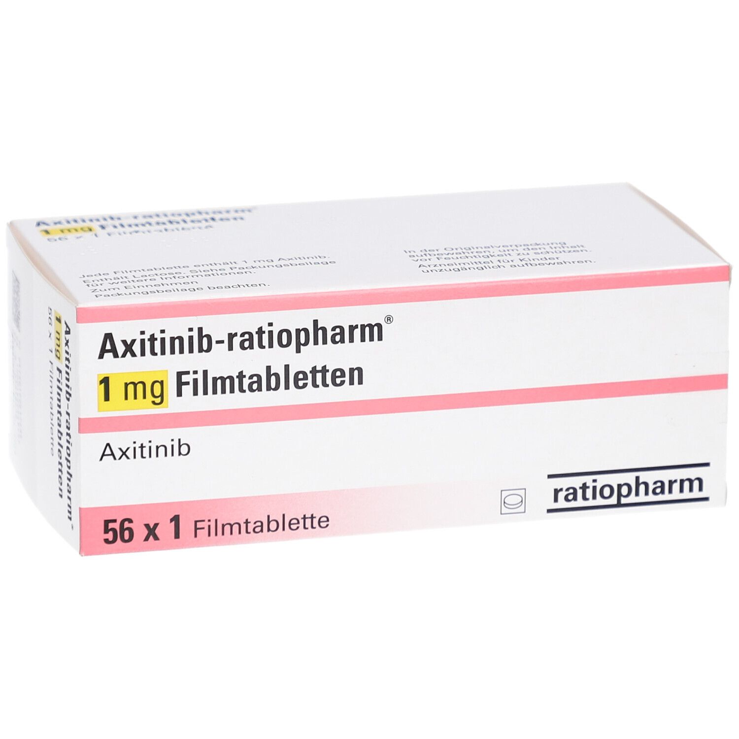 Schachtel mit AXITINIB-ratiopharm 1 mg Filmtabletten. Aufschrift: 56 x 1 Filmtablette. Logo ratiopharm.