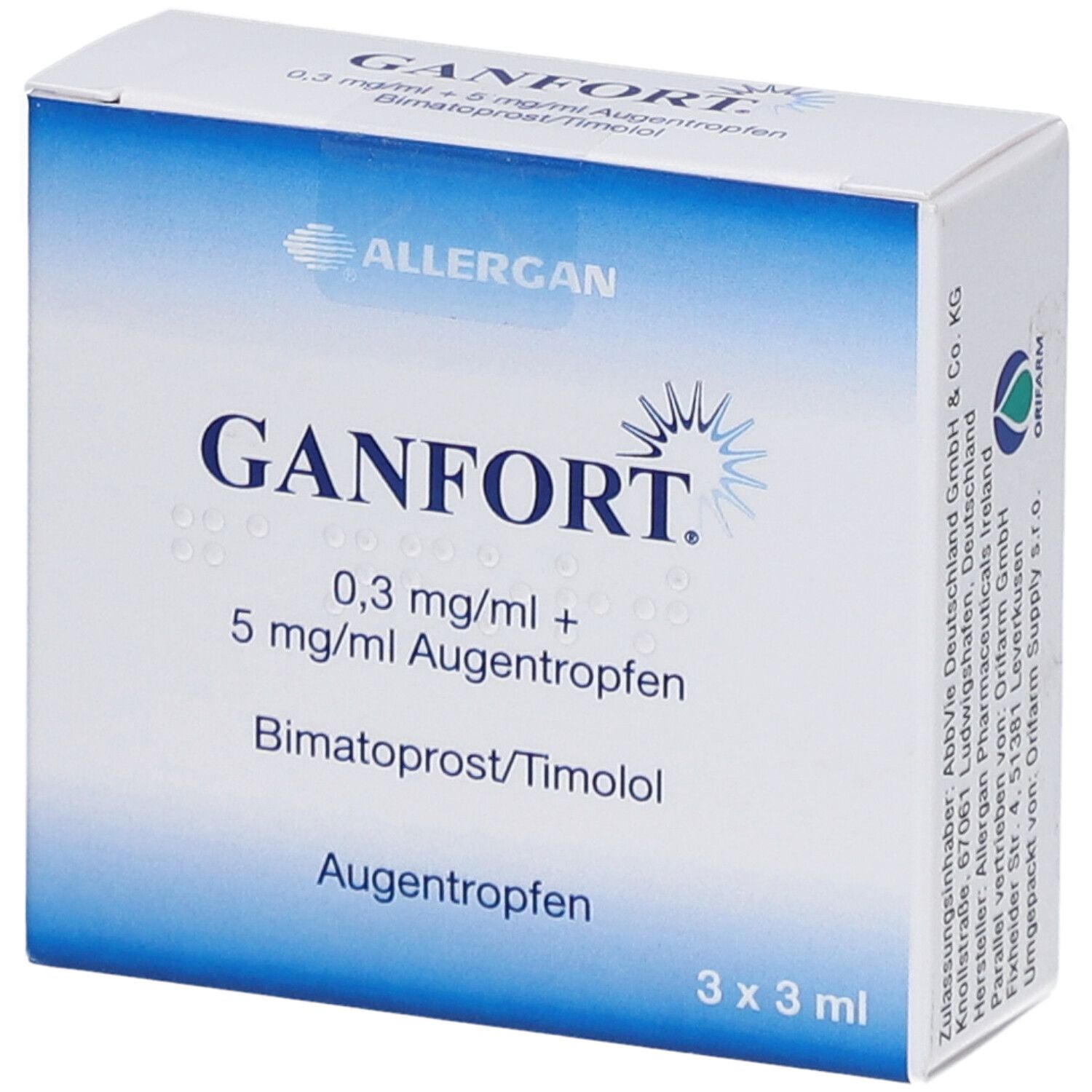 GANFORT Augentropfen-Packung. Blaue und weiße Schachtel mit Produktnamen und Inhaltsstoffen. 3 x 3 ml.