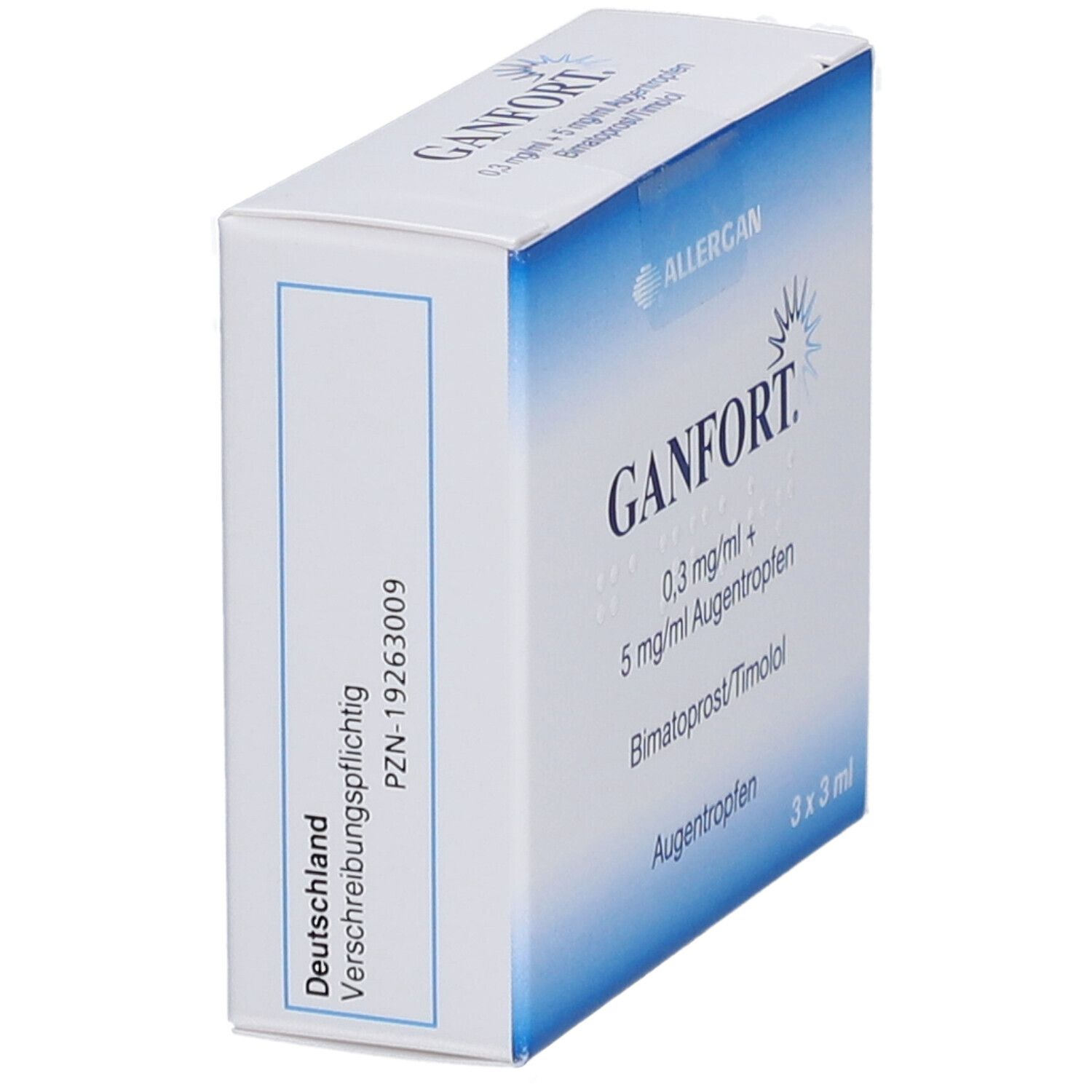 GANFORT-Packung, schräg. Blaue und weiße Schachtel mit Produktinformationen. Text: GANFORT, 3x3 ml.