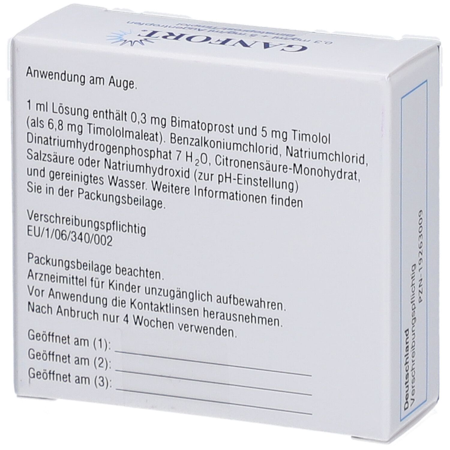 Rückseite der GANFORT-Packung. Text über Anwendung, Inhaltsstoffe und Warnhinweise. EU-Zulassungsnummer.