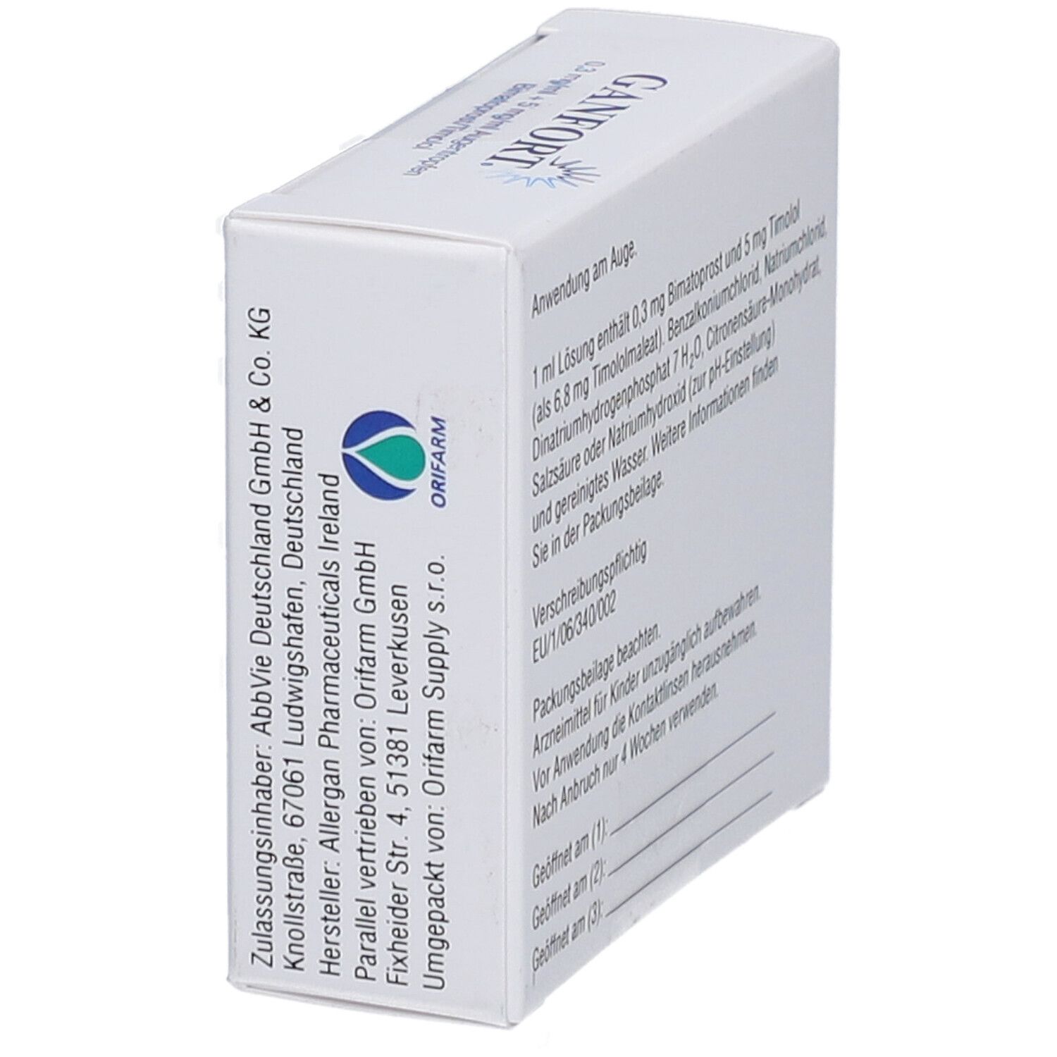 Seite der GANFORT-Packung. Logo von Orfarm, Herstellerinformationen und Zulassungsdetails.