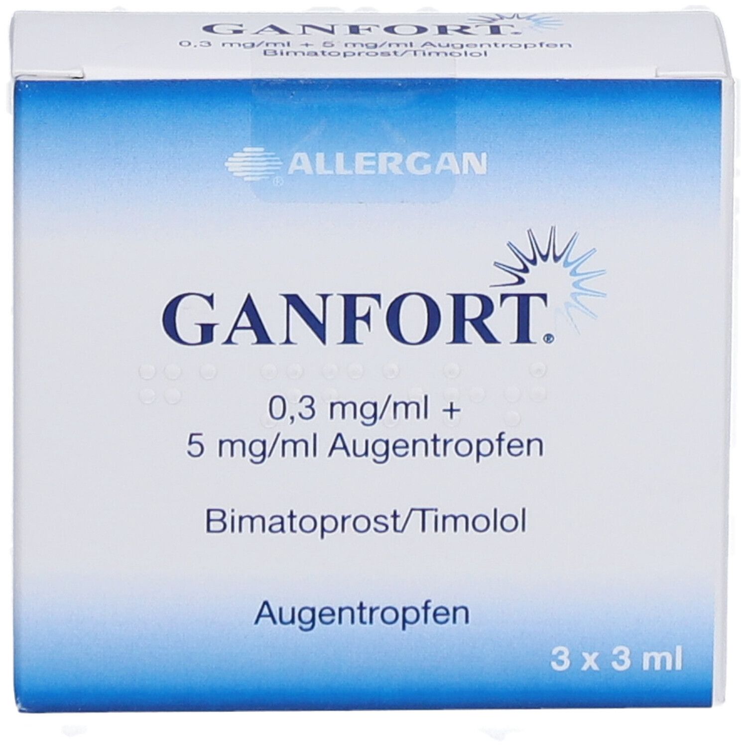 GANFORT Augentropfen-Packung. Blaue und weiße Schachtel mit Produktnamen und Inhaltsstoffen. 3 x 3 ml.