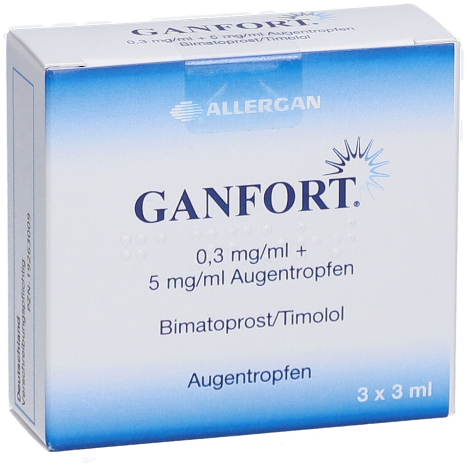 GANFORT Augentropfen-Packung. Blaue und weiße Schachtel mit Produktnamen und Inhaltsstoffen. 3 x 3 ml.