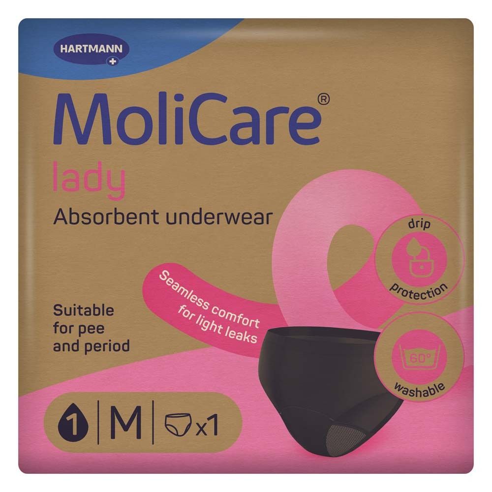 MoliCare lady Inkontinenzslip, Größe M, schwarz. Verpackung mit Produktabbildung und Produktinformationen.