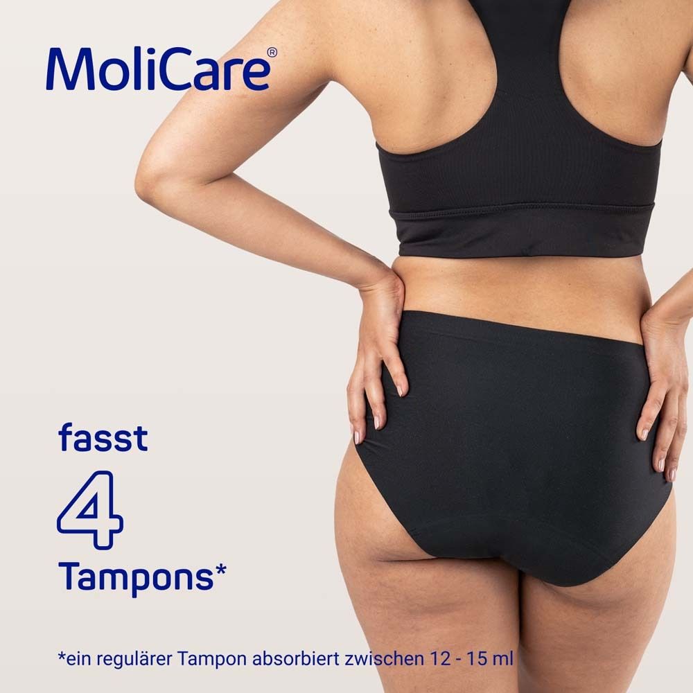Schwarzer MoliCare lady Slip. Text: fasst 4 Tampons. Frau trägt Sport-BH und Slip.