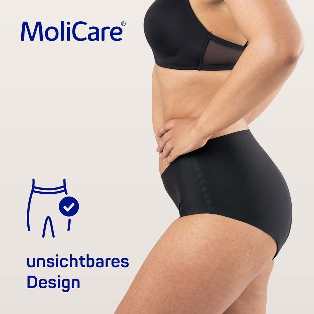 Schwarzer MoliCare lady Slip. Text: unsichtbares Design. Frau trägt Sport-BH und Slip.