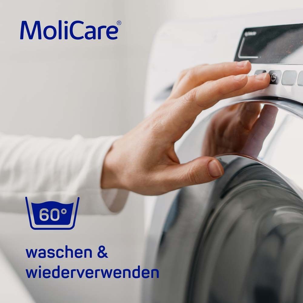 Händedruck auf Waschmaschinen-Knopf. Text: waschen & wiederverwenden. Logo MoliCare.