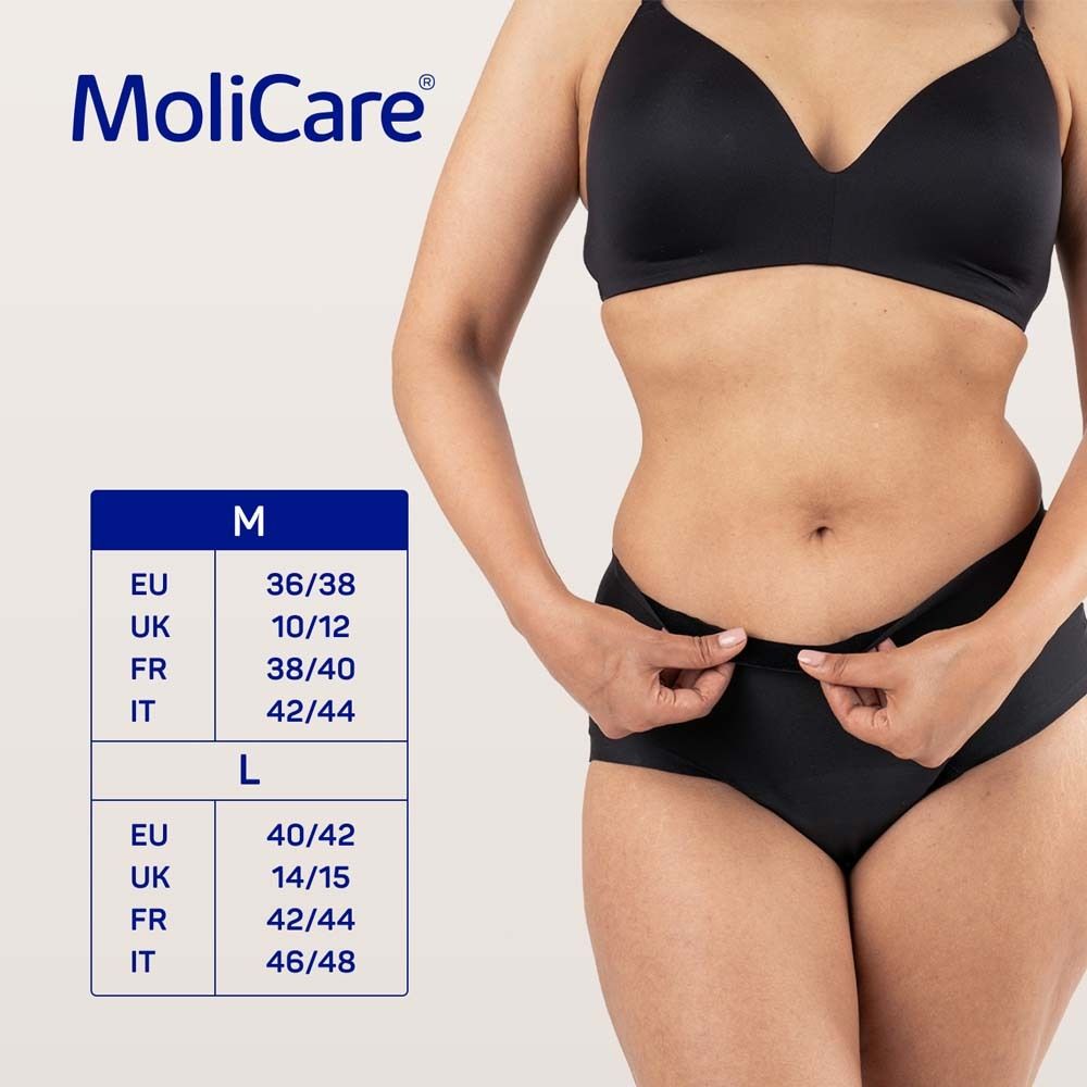 Größentabelle für MoliCare lady Slips. Größen M und L. Frau trägt schwarzen Slip.