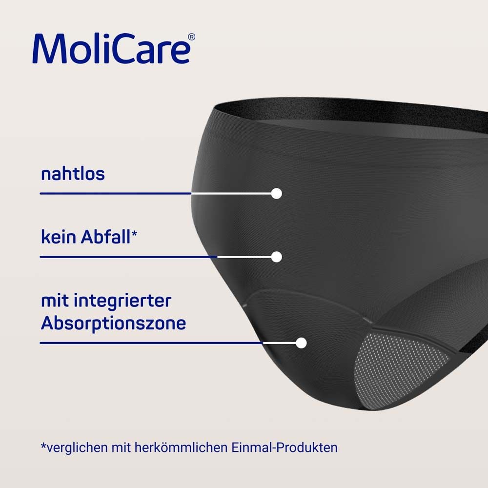 Nahaufnahme MoliCare lady Slip. Text: nahtlos, kein Abfall, mit integrierter Absorptionszone.