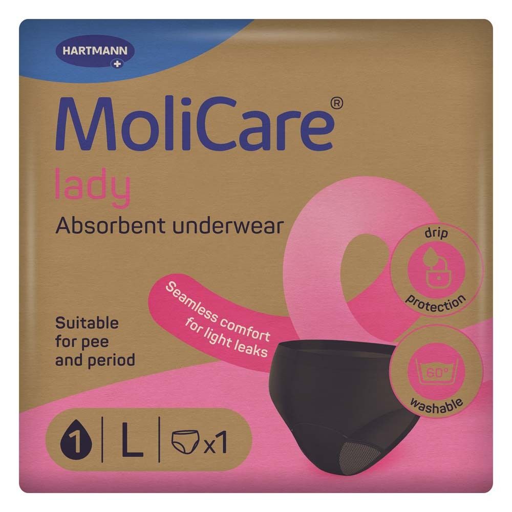 MoliCare lady Inkontinenzslip, schwarz, Größe L. Verpackung mit Produktabbildung und Logos.