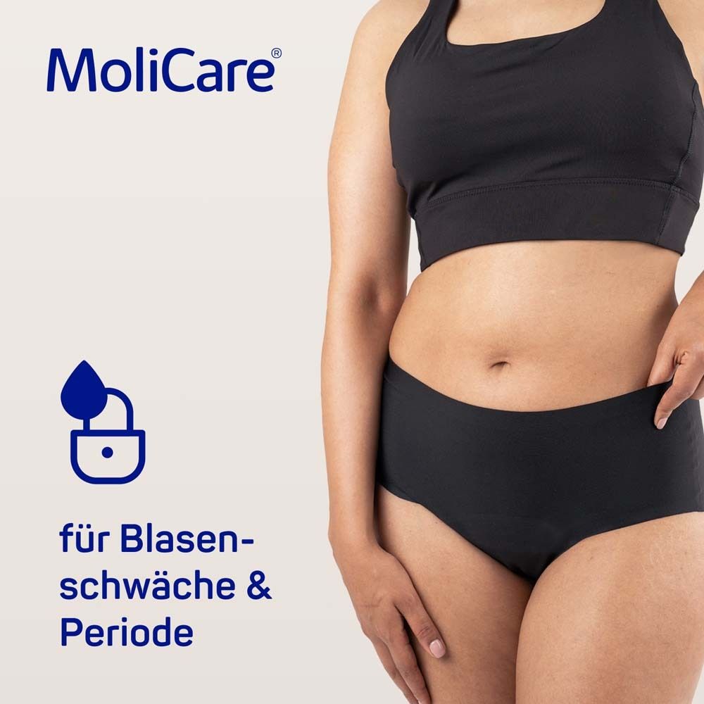 Frau trägt schwarzen MoliCare lady Slip. Text: für Blasenschwäche & Periode. Logo.