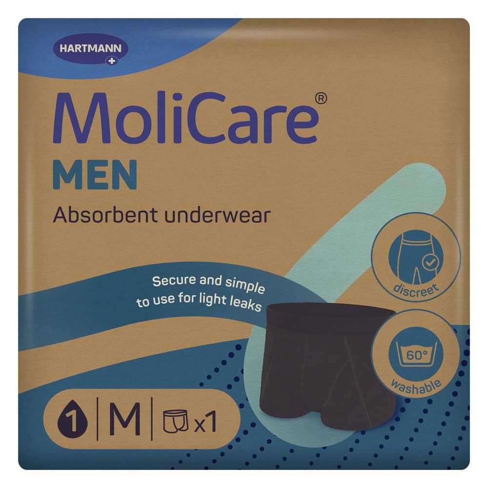 MoliCare MEN Inkontinenzhose, schwarz, Größe M. Waschbar, diskret. Verpackung mit Produktabbildung.