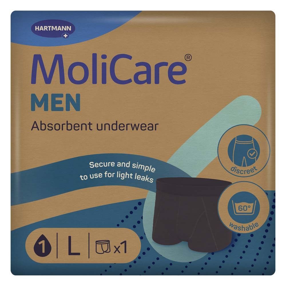 Verpackung MoliCare MEN, Größe L, schwarze Inkontinenzhose. Waschbar, diskret.