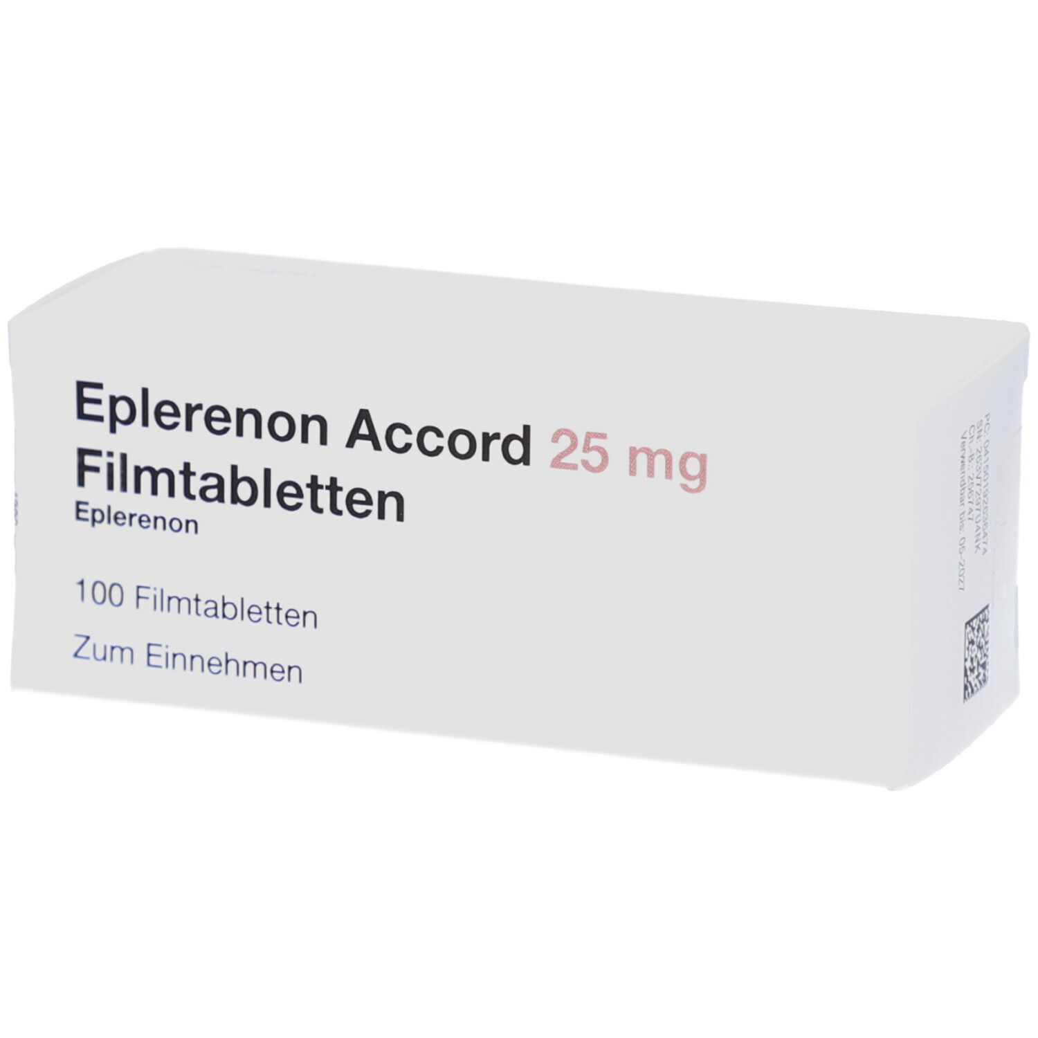 Eplerenon Accord 25 mg Filmtabletten, weiße Schachtel. Aufschrift: 100 Filmtabletten, Zum Einnehmen.