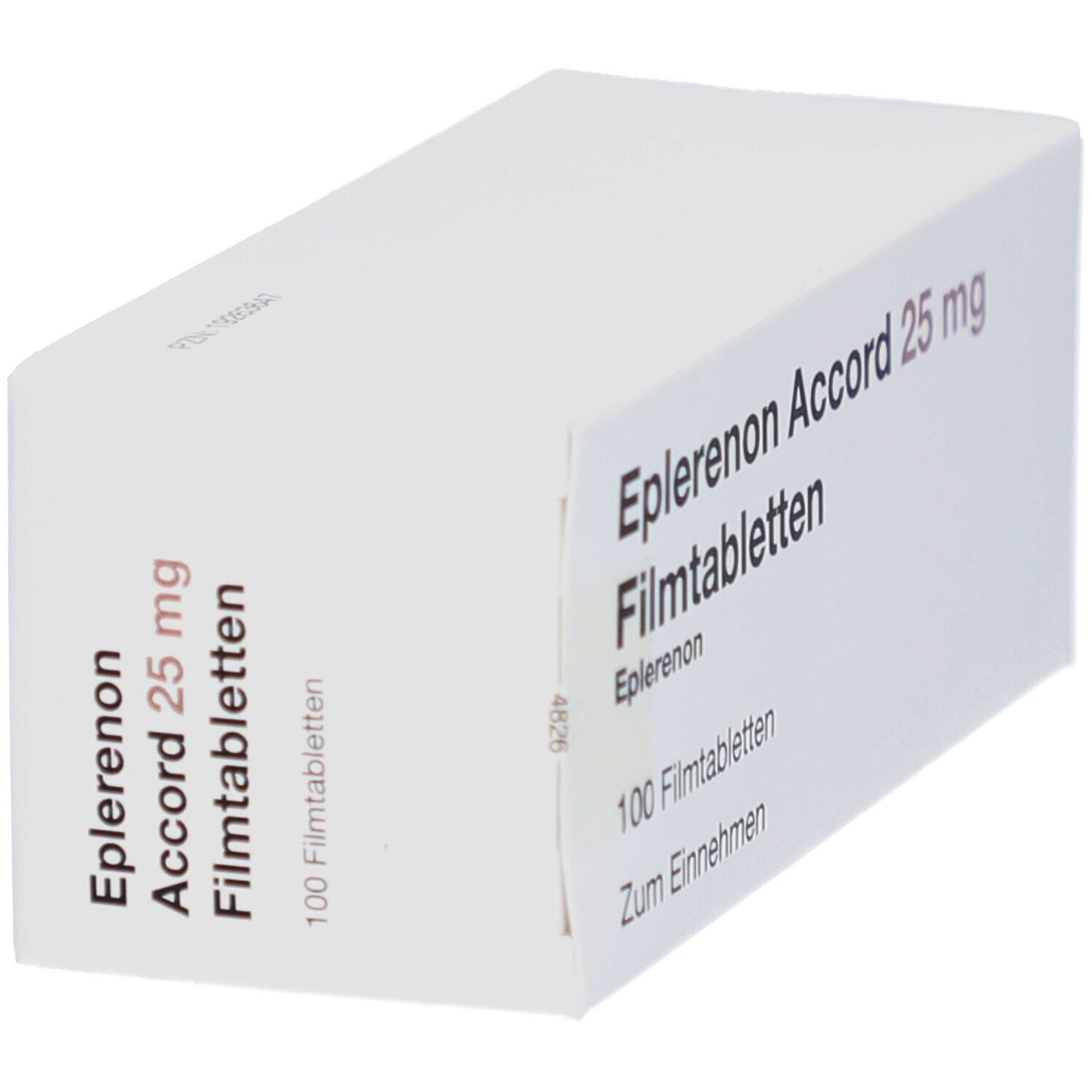 Eplerenon Accord 25 mg Filmtabletten, weiße Schachtel. Aufschrift: 100 Filmtabletten, Zum Einnehmen.