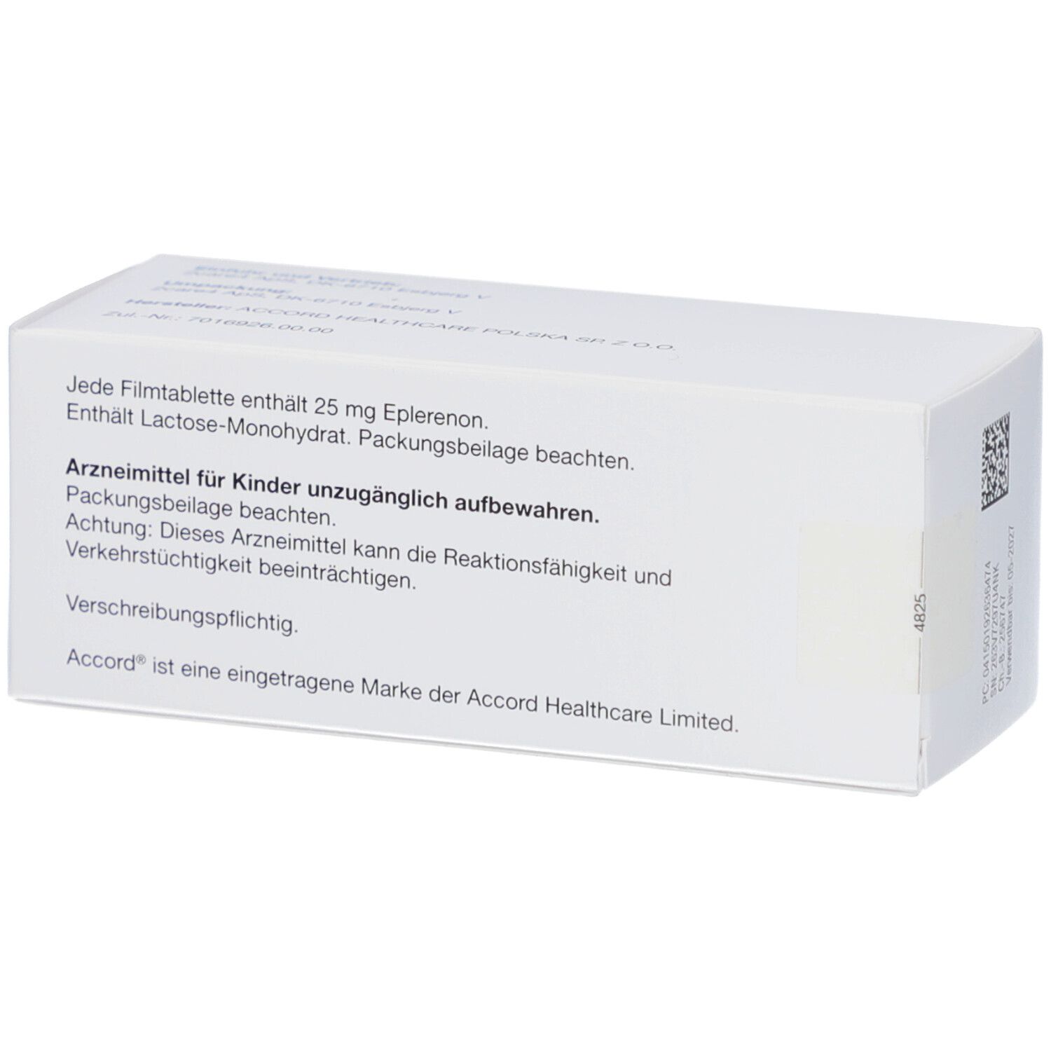Rückseite der weißen Schachtel mit Eplerenon Accord 25 mg Filmtabletten. Text: Inhaltsstoffe, Warnhinweise, Marke Accord.