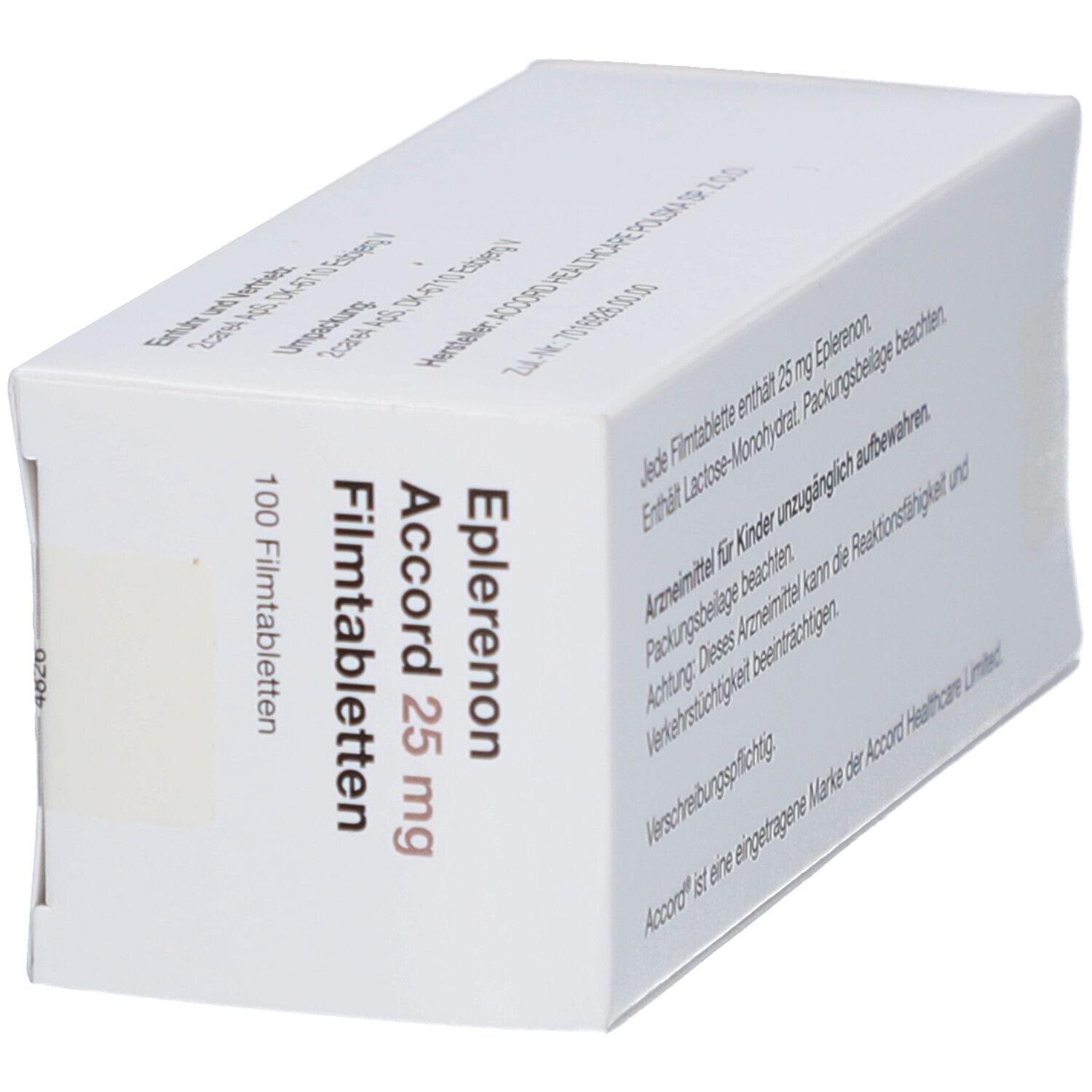 Schachtel mit Eplerenon Accord 25 mg Filmtabletten, schräg. Aufschrift: 100 Filmtabletten, Zum Einnehmen.