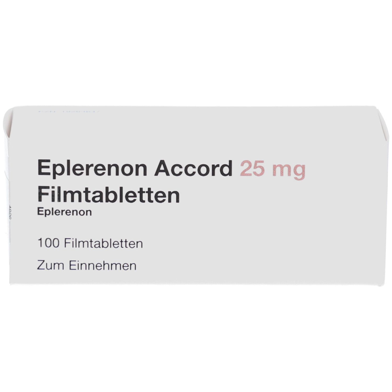 Weiße Schachtel mit Eplerenon Accord 25 mg Filmtabletten. Aufschrift: 100 Filmtabletten, Zum Einnehmen.