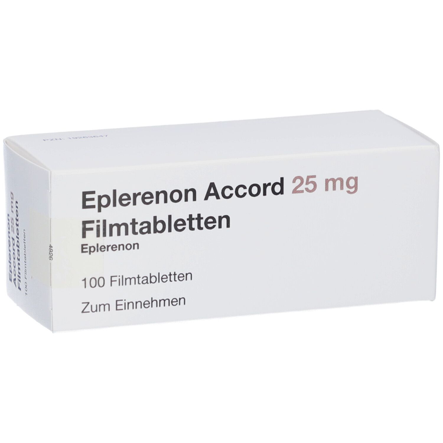 Weiße Schachtel mit Eplerenon Accord 25 mg Filmtabletten. Aufschrift: 100 Filmtabletten, Zum Einnehmen.