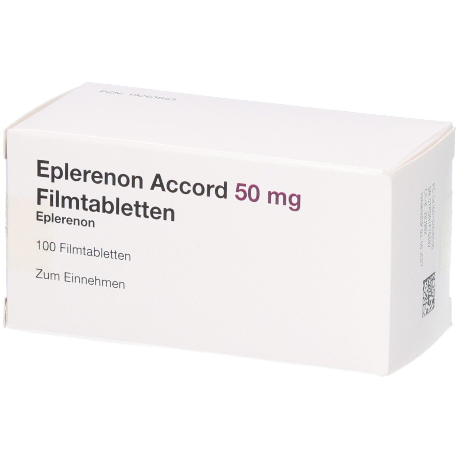 Packung Eplerenon Accord 50 mg Filmtabletten, 100 Stück.