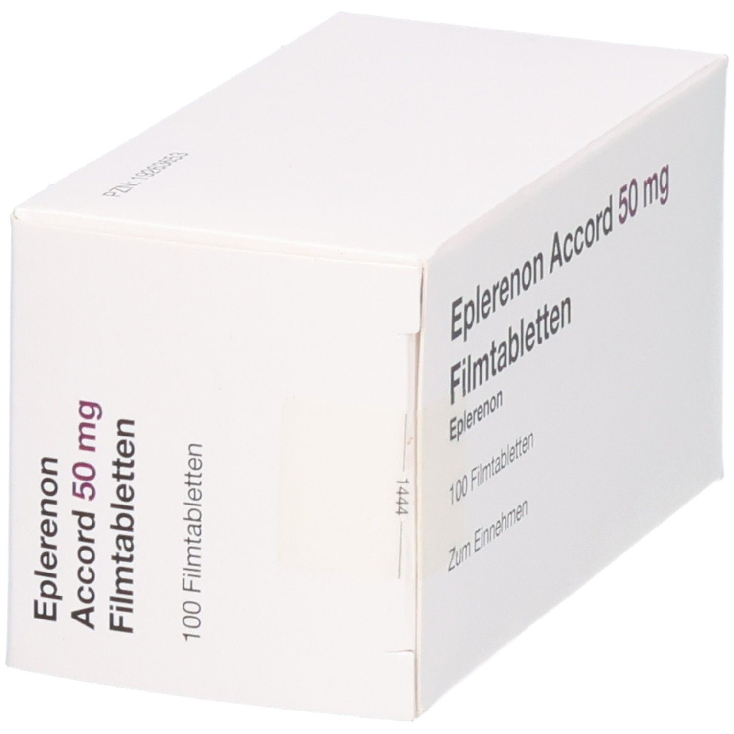 Packung Eplerenon Accord 50 mg Filmtabletten, 100 Stück, Seitenansicht.
