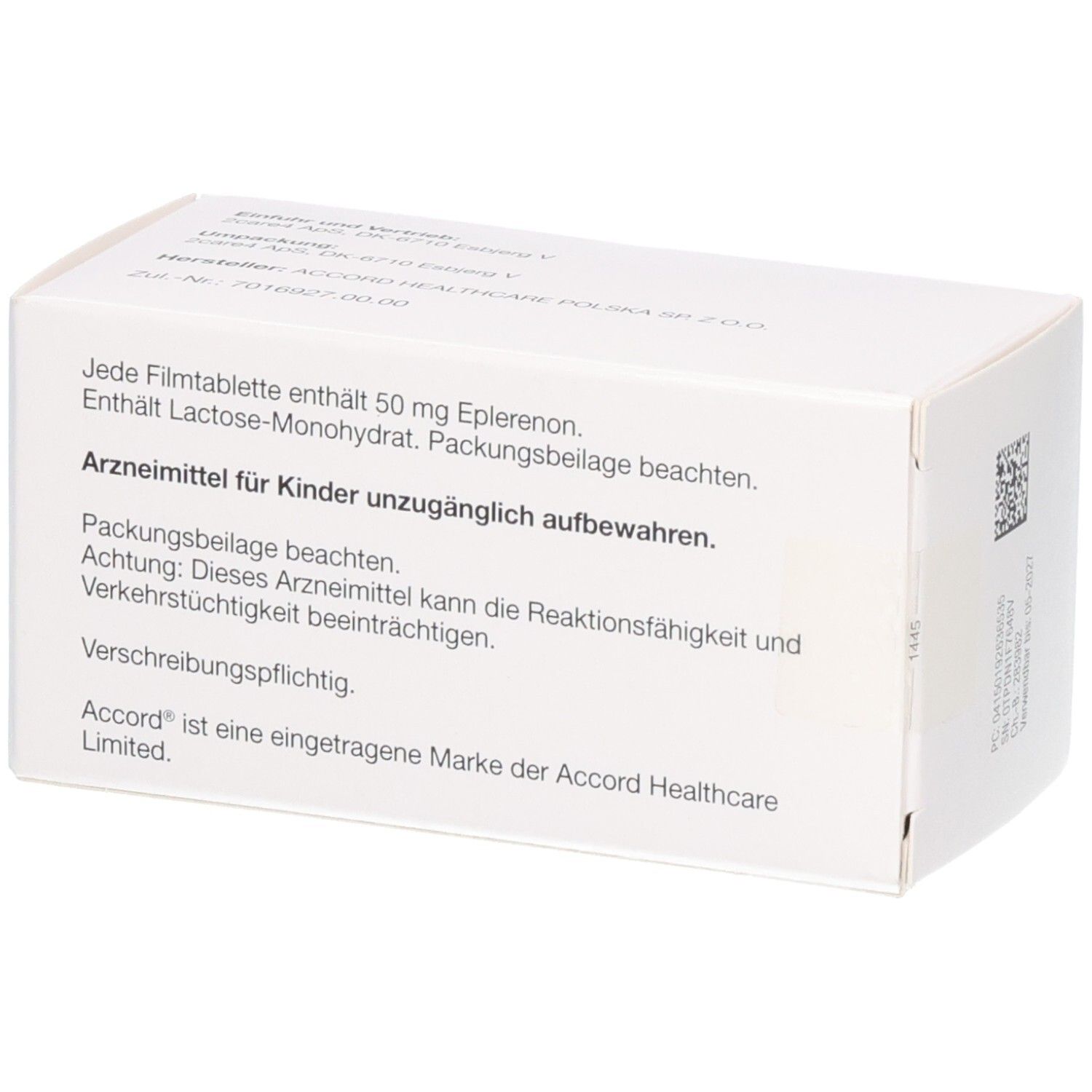 Rückseite der Packung Eplerenon Accord 50 mg Filmtabletten mit Hinweisen.