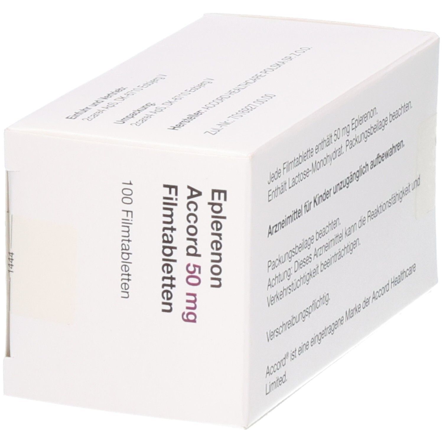 Seitenansicht der Packung Eplerenon Accord 50 mg Filmtabletten, 100 Stück.