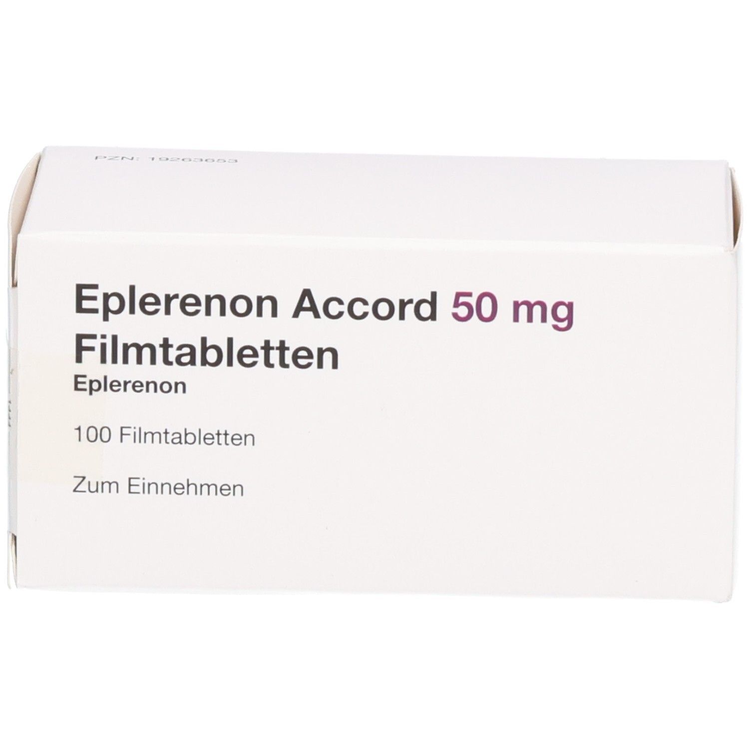 Vorderseite der Packung Eplerenon Accord 50 mg Filmtabletten, 100 Stück.