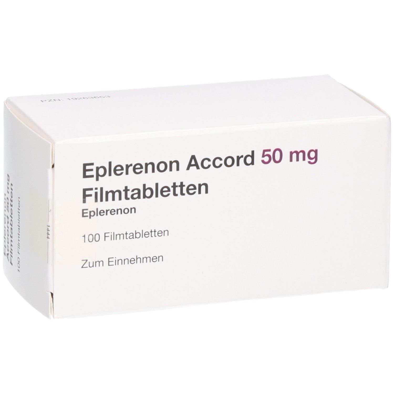 Packung Eplerenon Accord 50 mg Filmtabletten, 100 Stück, leicht schräg.