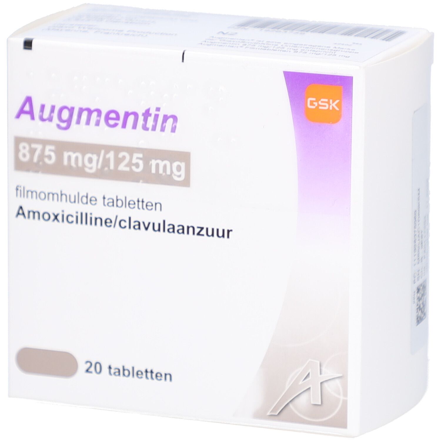 Schachtel mit AUGMENTAN 875 mg/125 mg Filmtabletten. Aufdruck: 20 Tabletten, GSK-Logo.