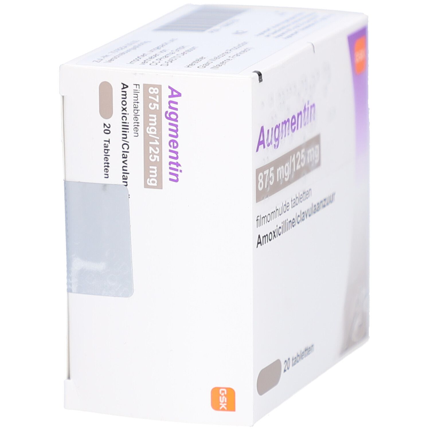 Schachtel AUGMENTAN 875 mg/125 mg. Seitenansicht. Aufdruck: 20 Tabletten, GSK-Logo.