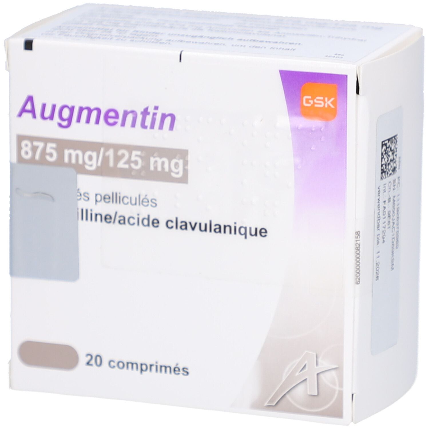 Schachtel AUGMENTAN 875 mg/125 mg Filmtabletten. Aufdruck: 20 comprimés, GSK-Logo.