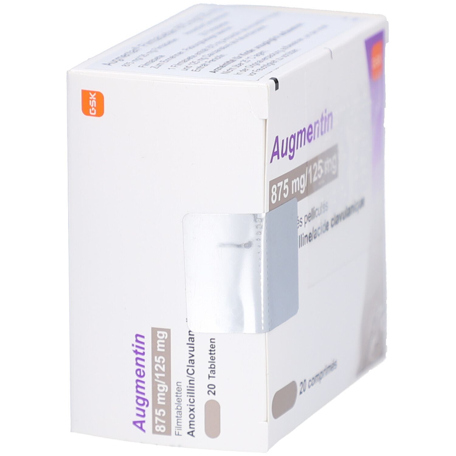 Schachtel AUGMENTAN 875 mg/125 mg, Seitenansicht. Aufdruck: 20 Tabletten, GSK-Logo.