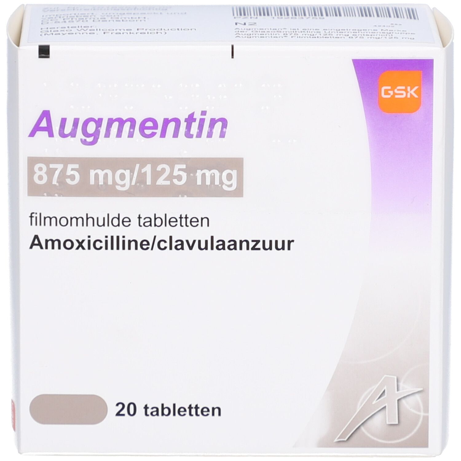 Schachtel AUGMENTAN 875 mg/125 mg Filmtabletten. Aufdruck: 20 Tabletten, GSK-Logo.
