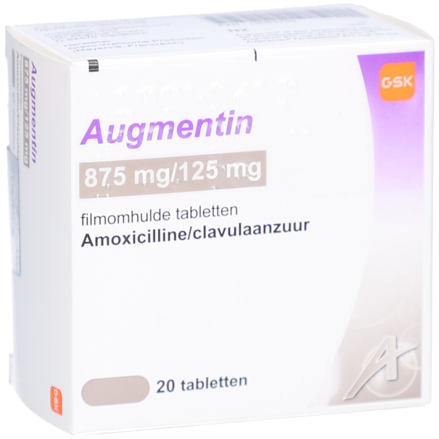Schachtel AUGMENTAN 875 mg/125 mg Filmtabletten. Aufdruck: 20 Tabletten, GSK-Logo.