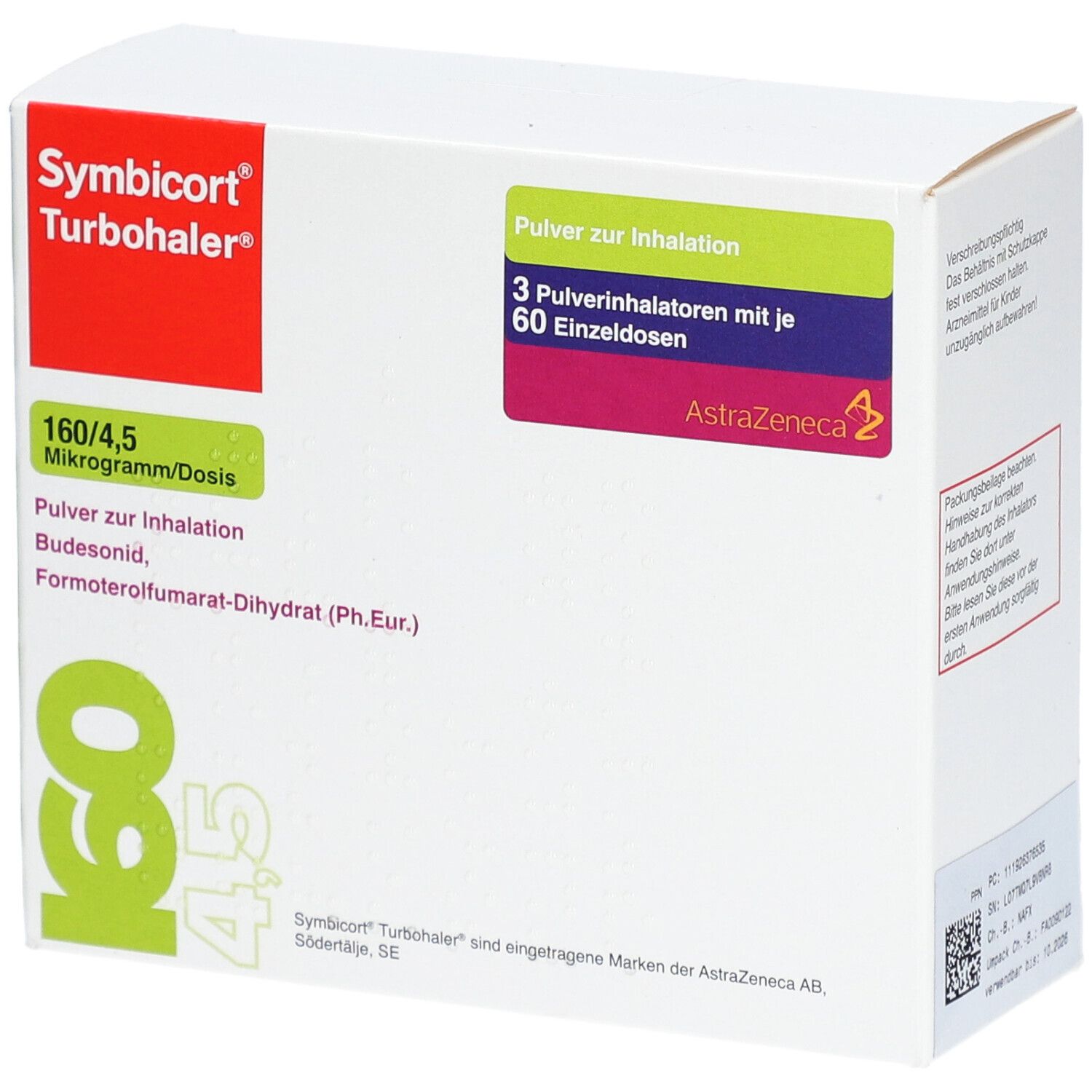 Weißer Karton mit grünen und roten Akzenten. Beschriftung: Symbicort Turbohaler, 160/4,5 Mikrogramm/Dosis, 60 ED.