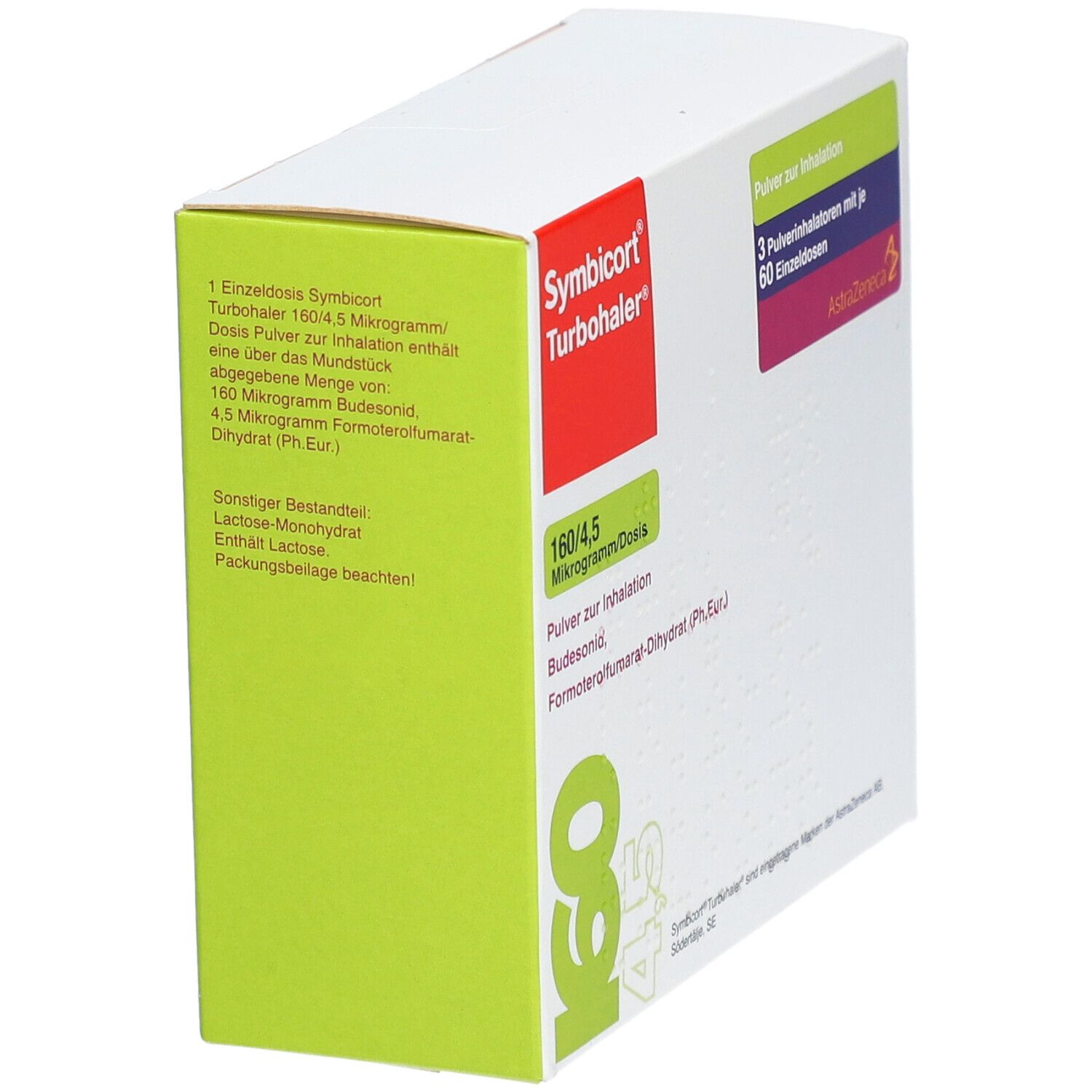 Weißer Karton, grüne und rote Akzente. Beschriftung: Symbicort Turbohaler, 160/4,5 Mikrogramm/Dosis. Text auf Deutsch.